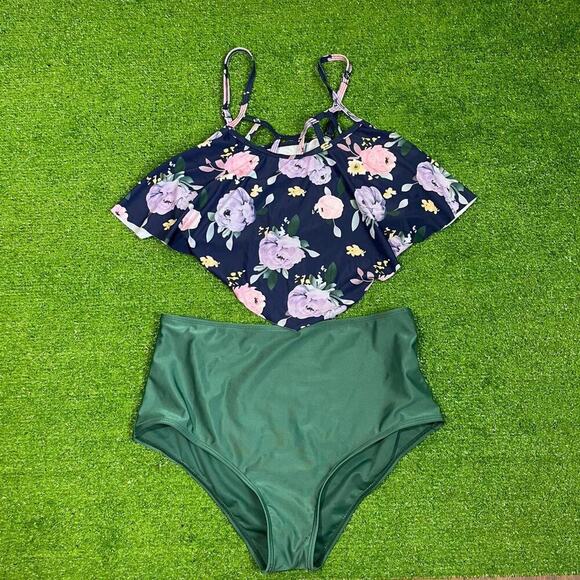 Womens Floral Two Piece Bathing Swimsuit Floral Flowy High Rise Bottoms Vacation - Picture 1 of 5